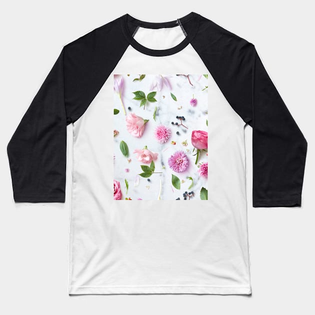 Pink Flowers Layout Baseball T-Shirt by NewburyBoutique